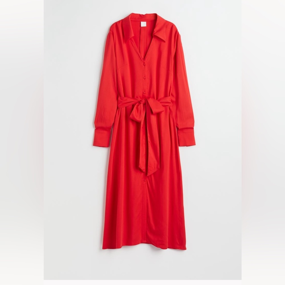 NWT H&M shirt dress, Long sleeve, tie belt, midi length, red